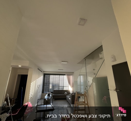 סולם, דלי צבע, מברשת וציוד צביעה בסלון